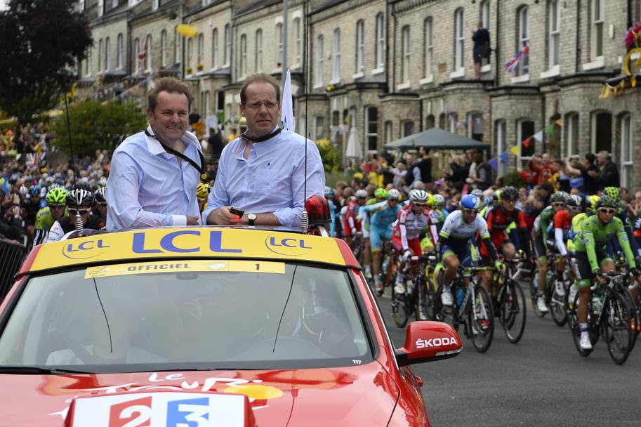 Christian Prudhomme alla partenza della seconda tappa del Tour de France da York. Afp